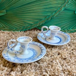 Cottage Core Vintage Blue and White Candle Holders - Set of Two.